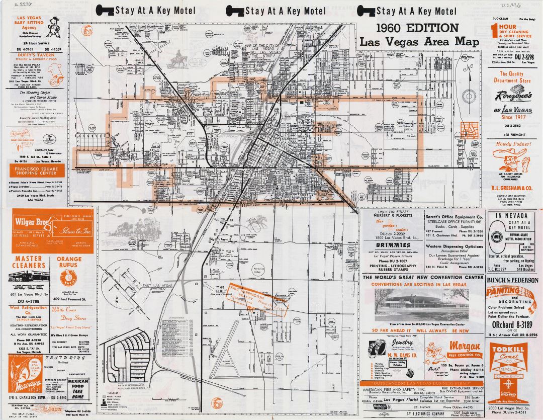 Large detailed vintage Las Vegas city area map - 1960