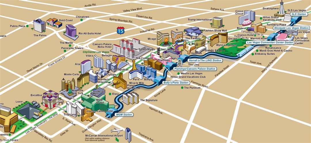 Large map of casinos and hotels of Las Vegas city