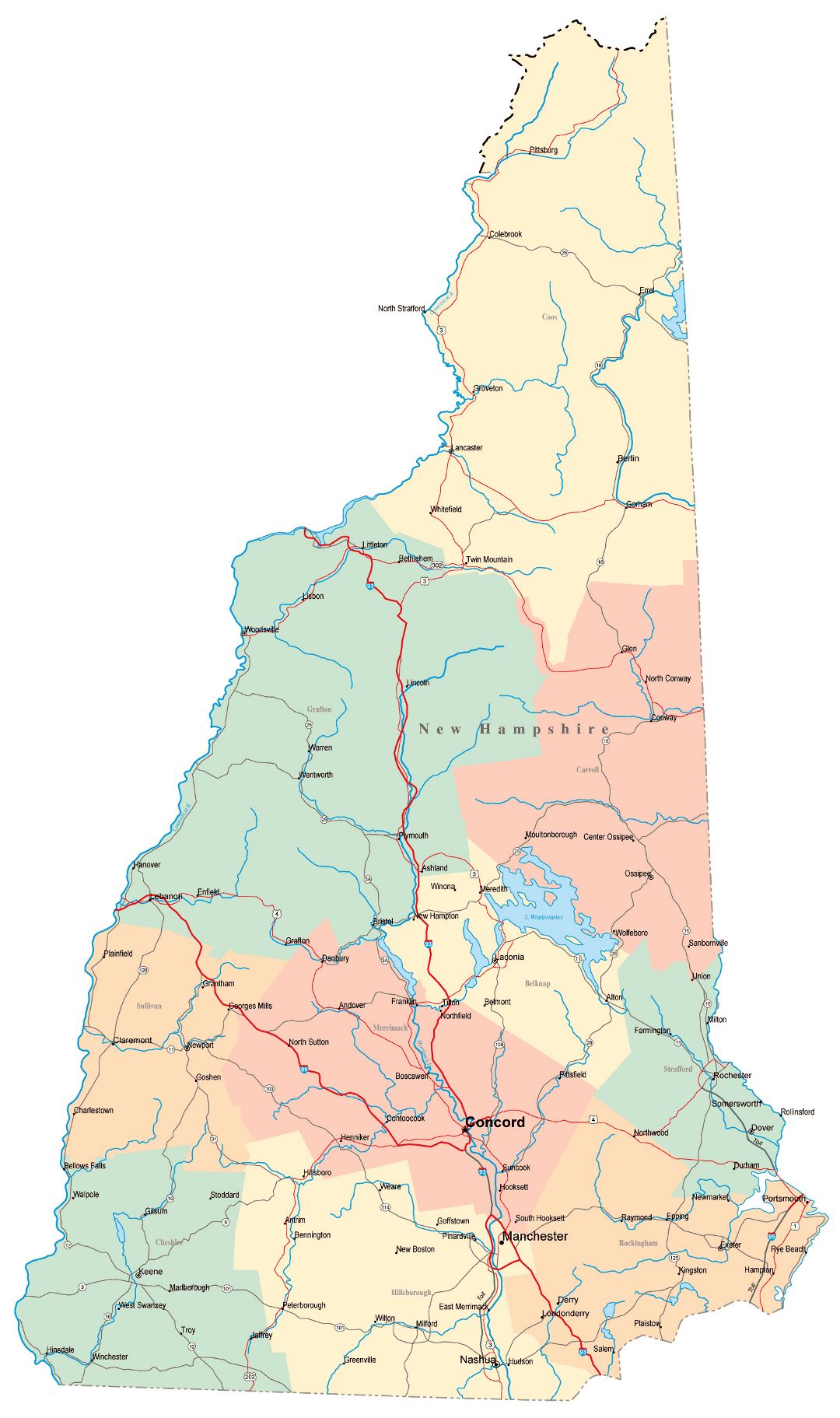 Large administrative map of New Hampshire state with roads, highways and cities