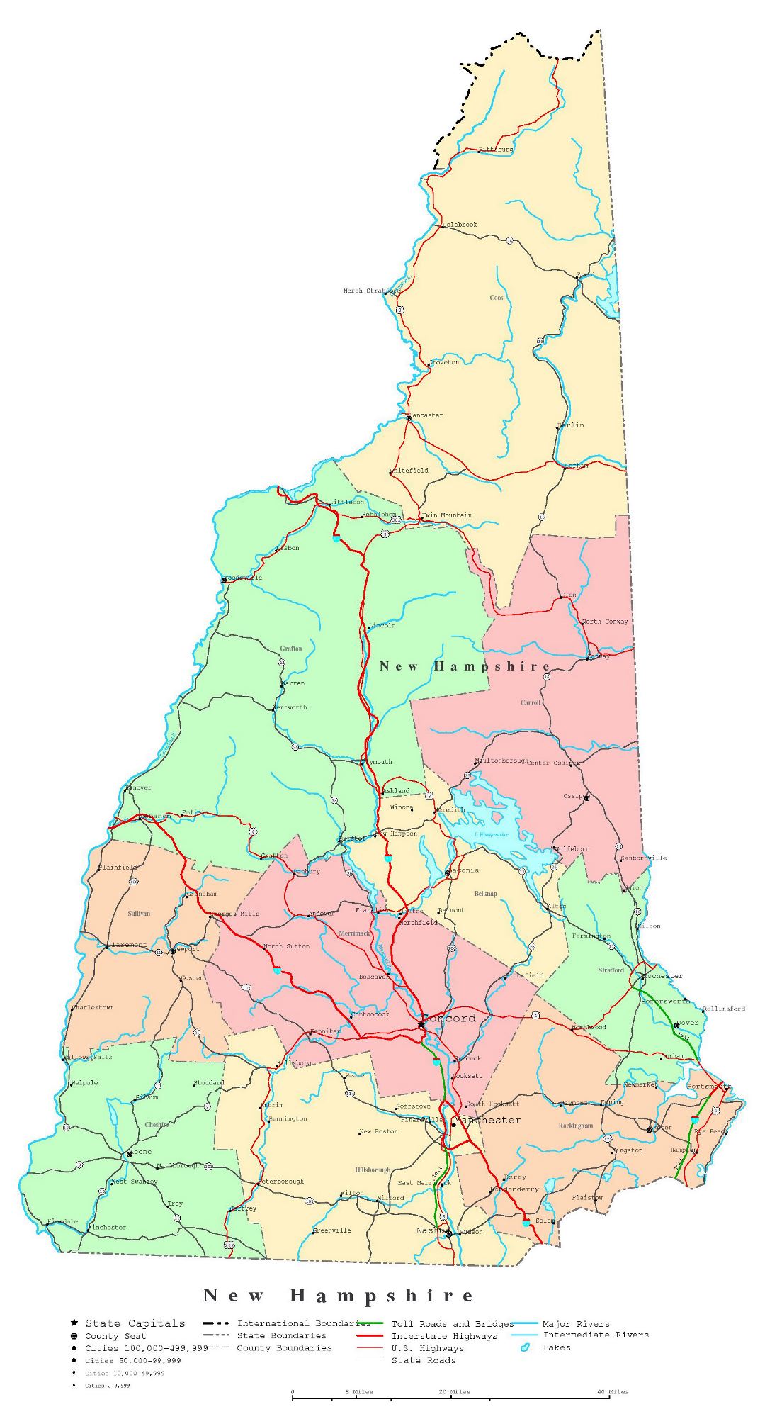 Large detailed administrative map of New Hampshire state with roads, highways and cities
