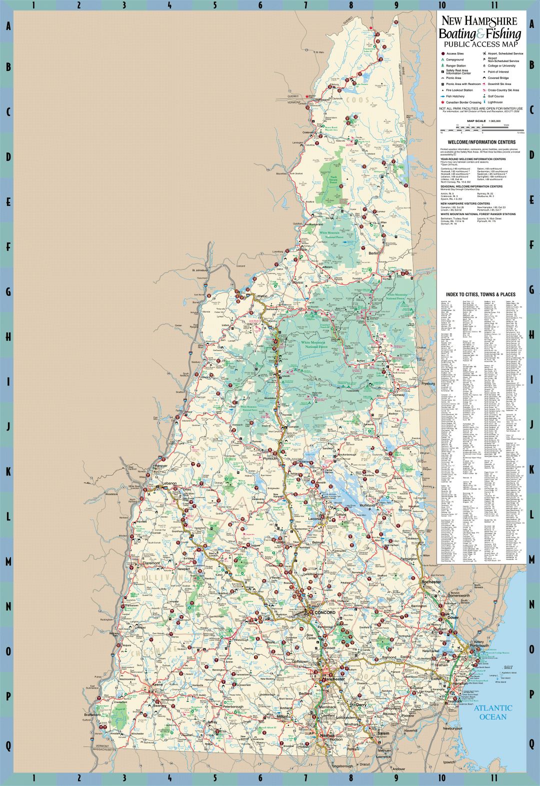 Large detailed boating and fishing public access map of New Hampshire state
