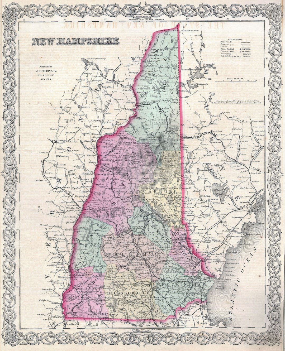 Large detailed old administrative map of New Hampshire state with relief, roads, railroads and cities - 1855