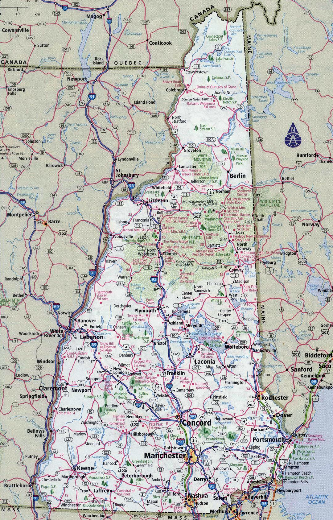 Large detailed roads and highways map of New Hampshire state with all