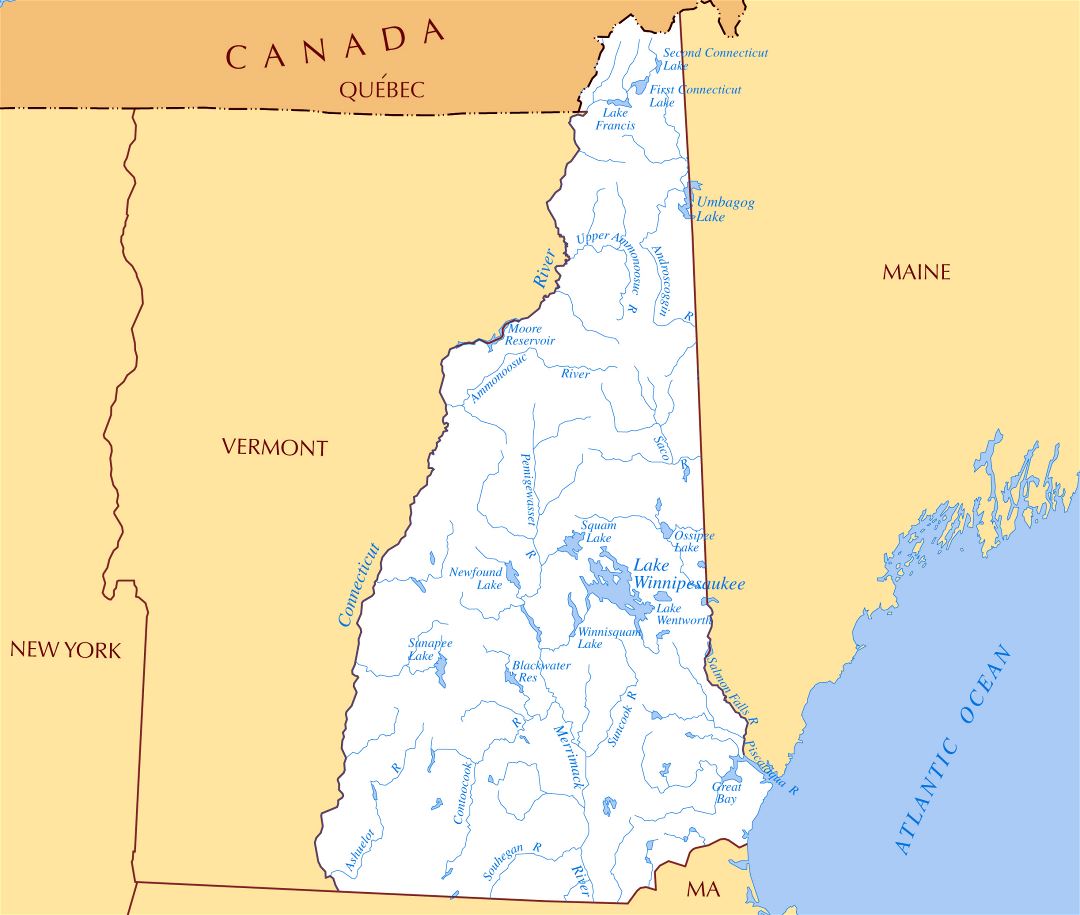 Large rivers and lakes map of New Hampshire state