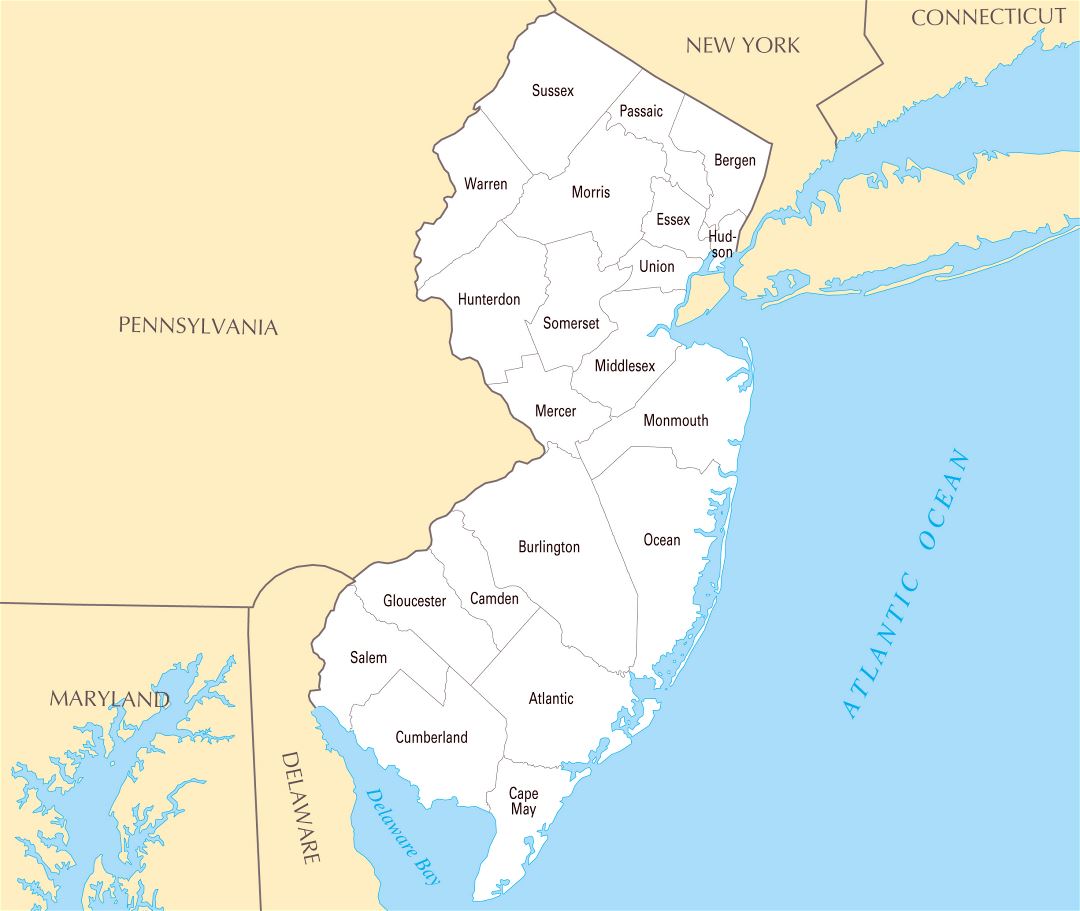 Large administrative map of New Jersey state