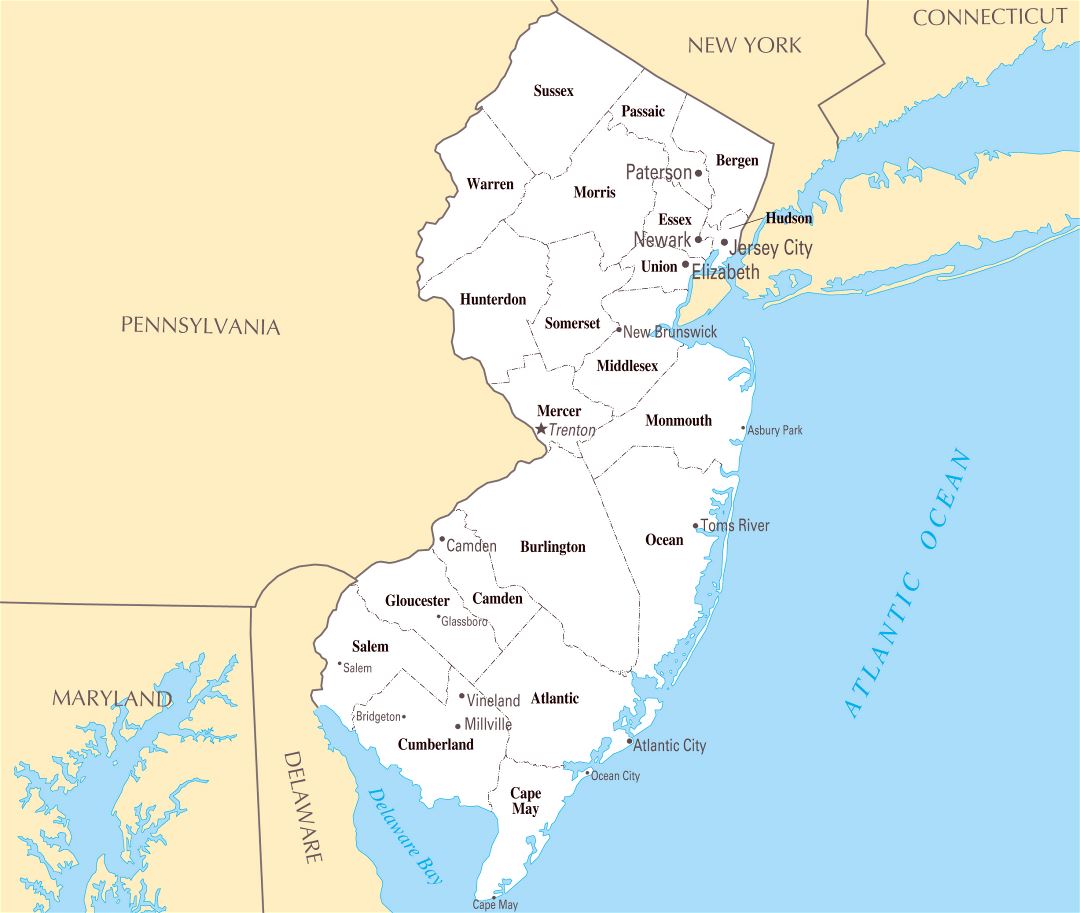 Large administrative map of New Jersey state with major cities