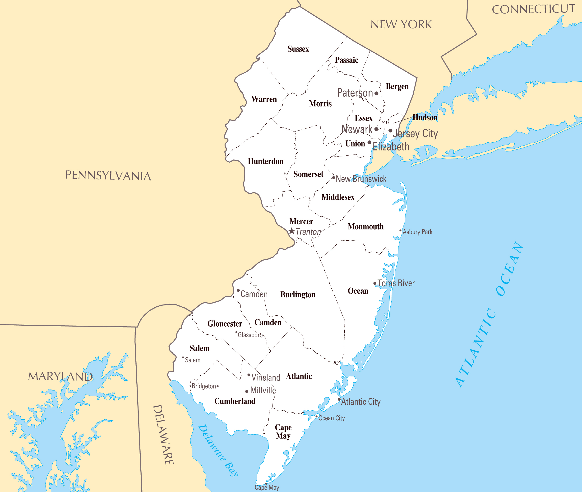 New Jersey state with major cities 