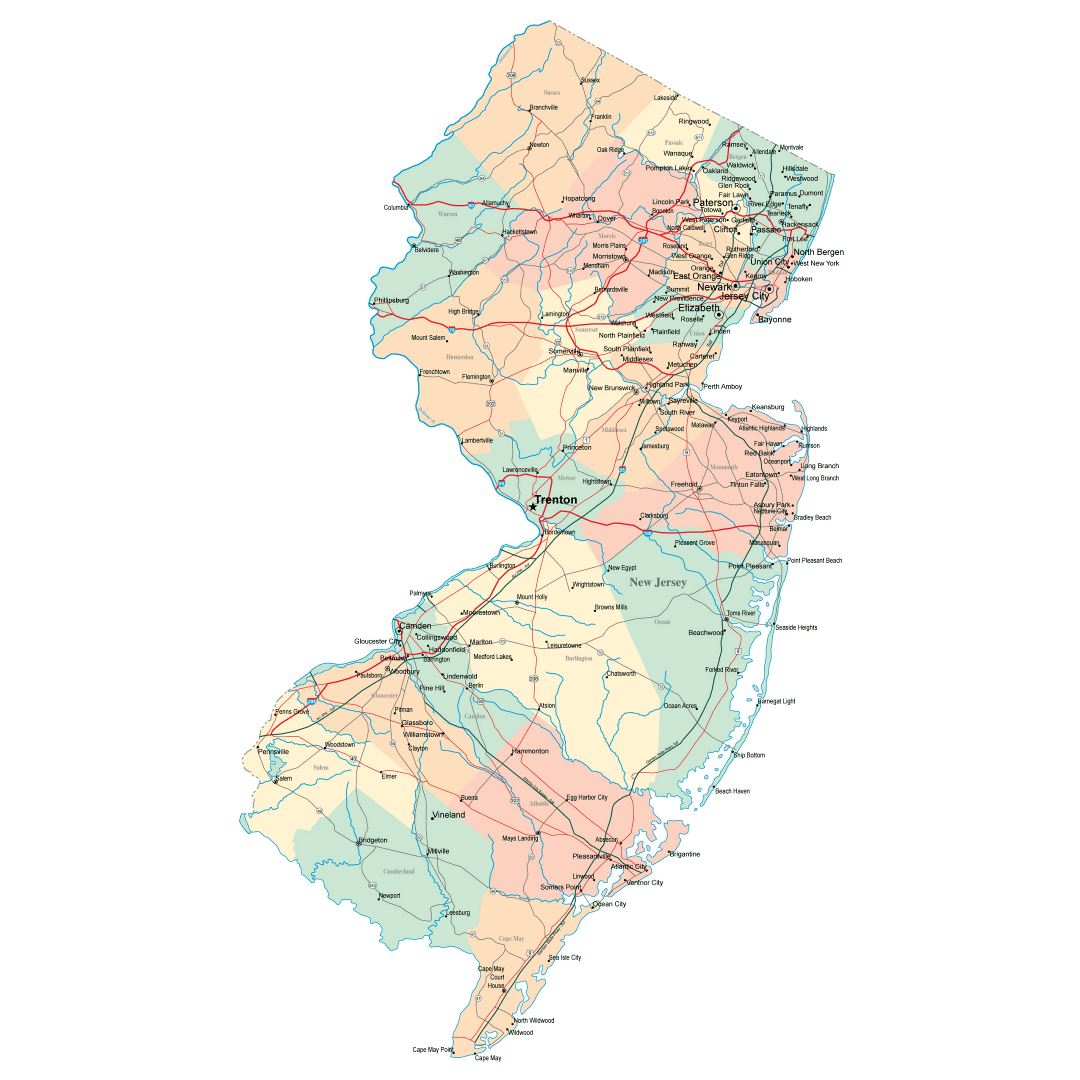 Large administrative map of New Jersey state with roads, highways and cities