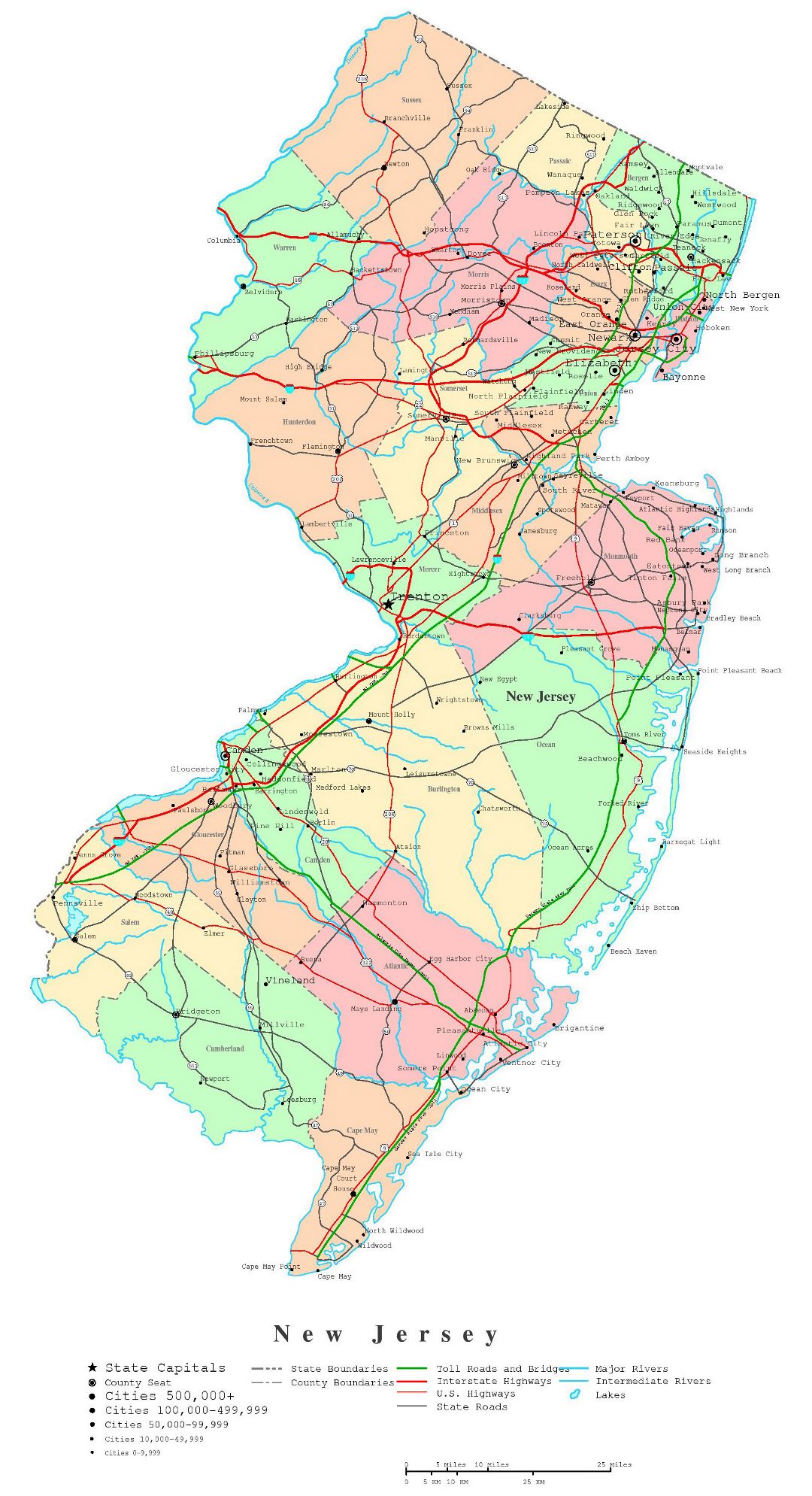 Large detailed administrative map of New Jersey state with roads, highways and cities
