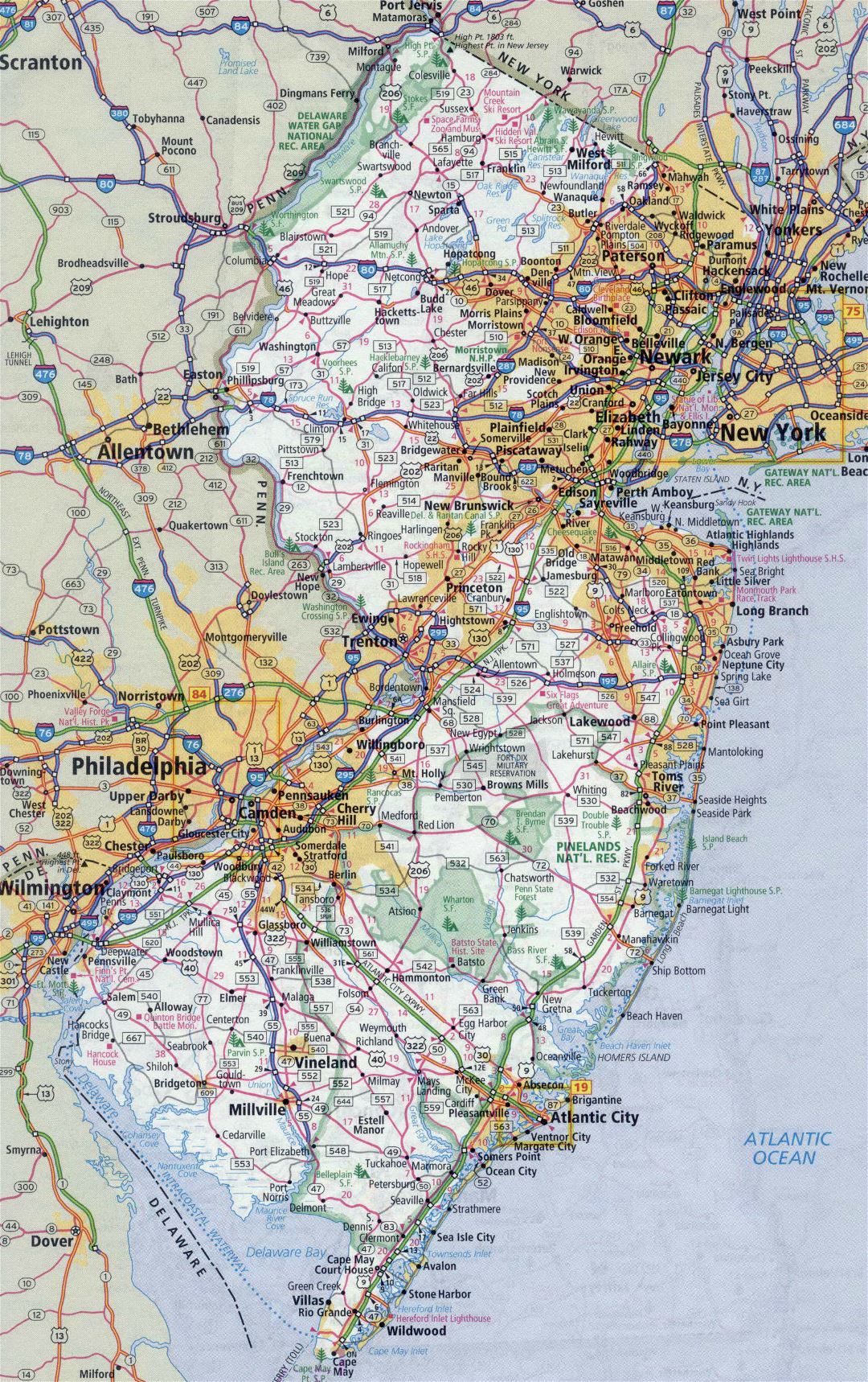 Large detailed roads and highways map of New Jersey state with all cities