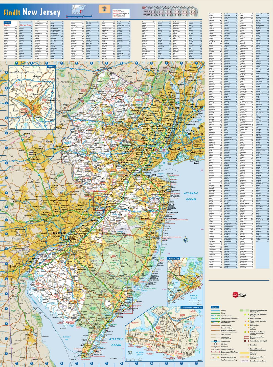 Large detailed roads and highways map of New Jersey state with national parks, all cities, towns and villages