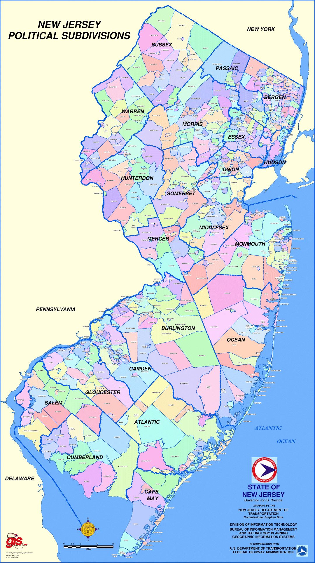 Large map of New Jersey state political subdivisions New Jersey state