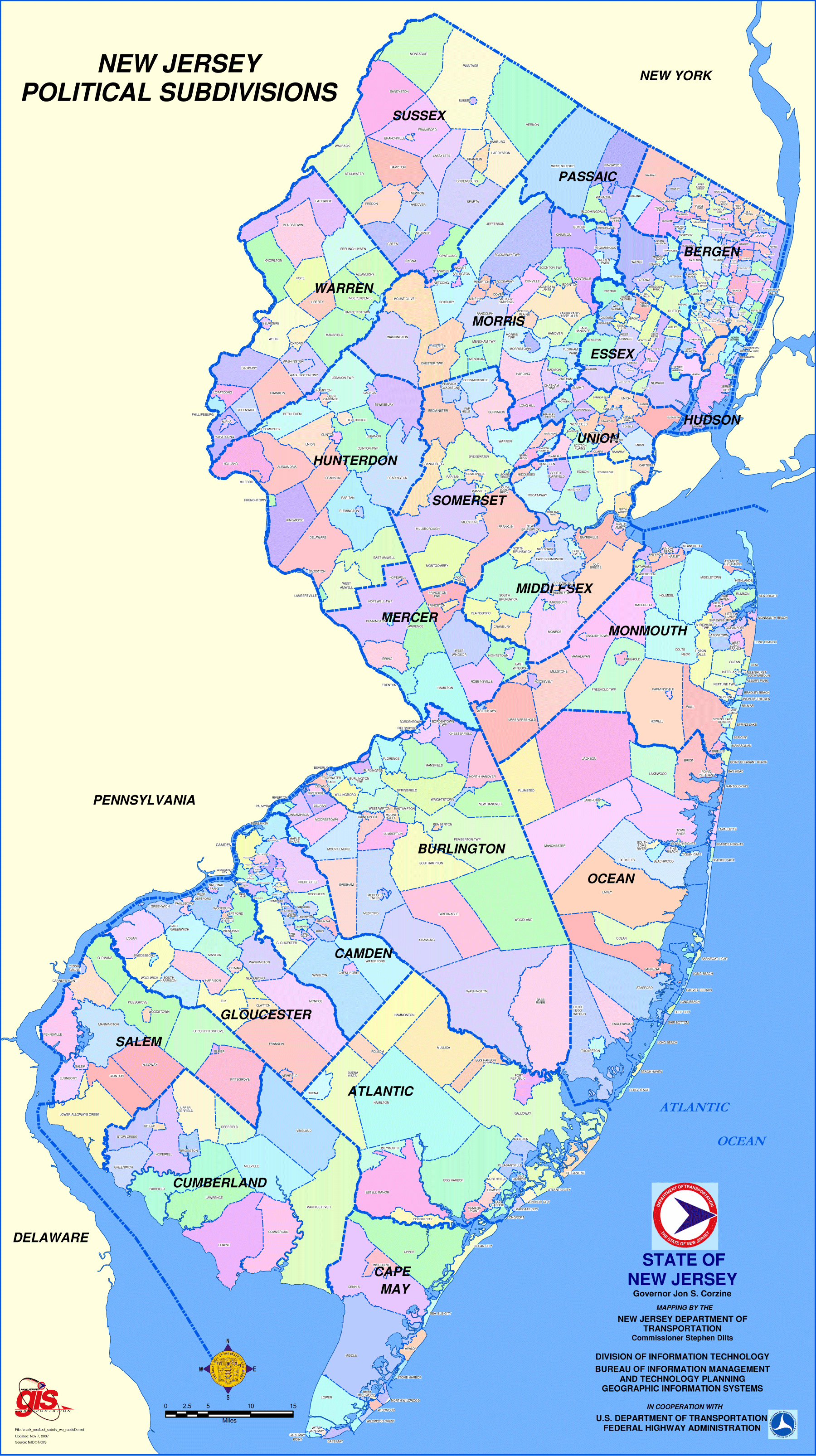 Large Map Of New Jersey State Political Subdivisions New Jersey