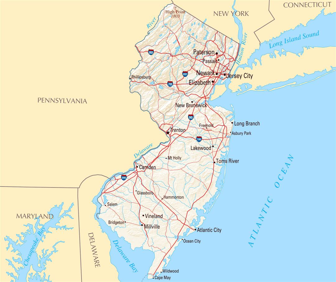Large map of New Jersey state with roads, highways, relief and major cities