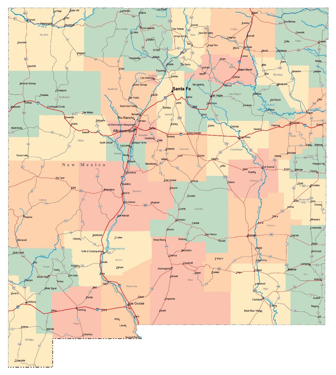 Large administrative map of New Mexico state with roads, highways and cities