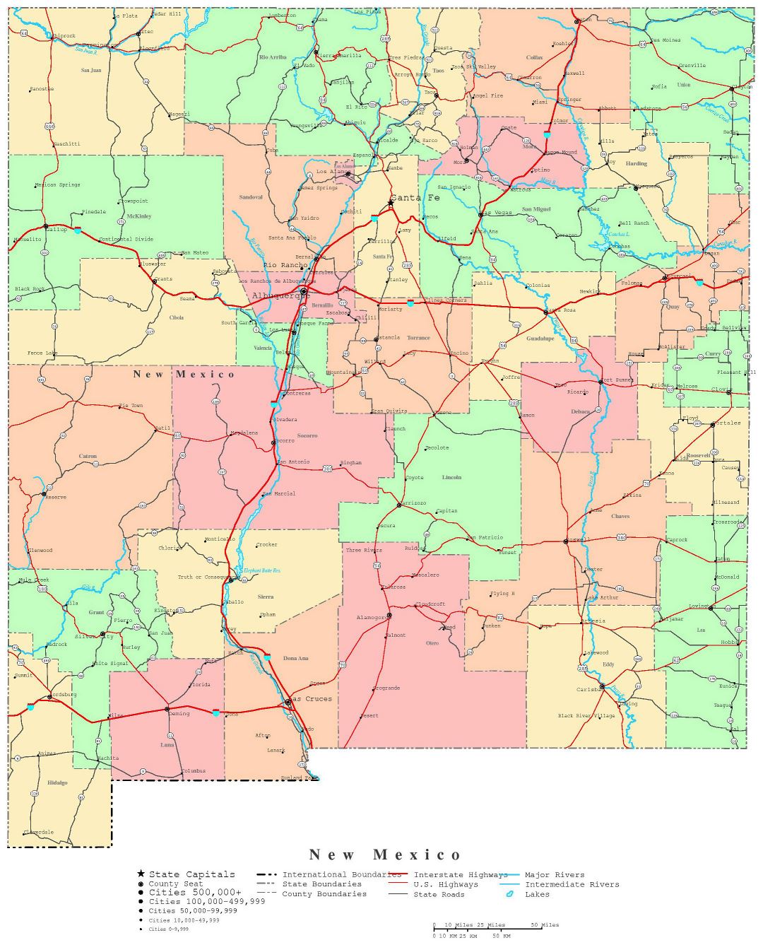 Large detailed administrative map of New Mexico state with roads, highways and cities