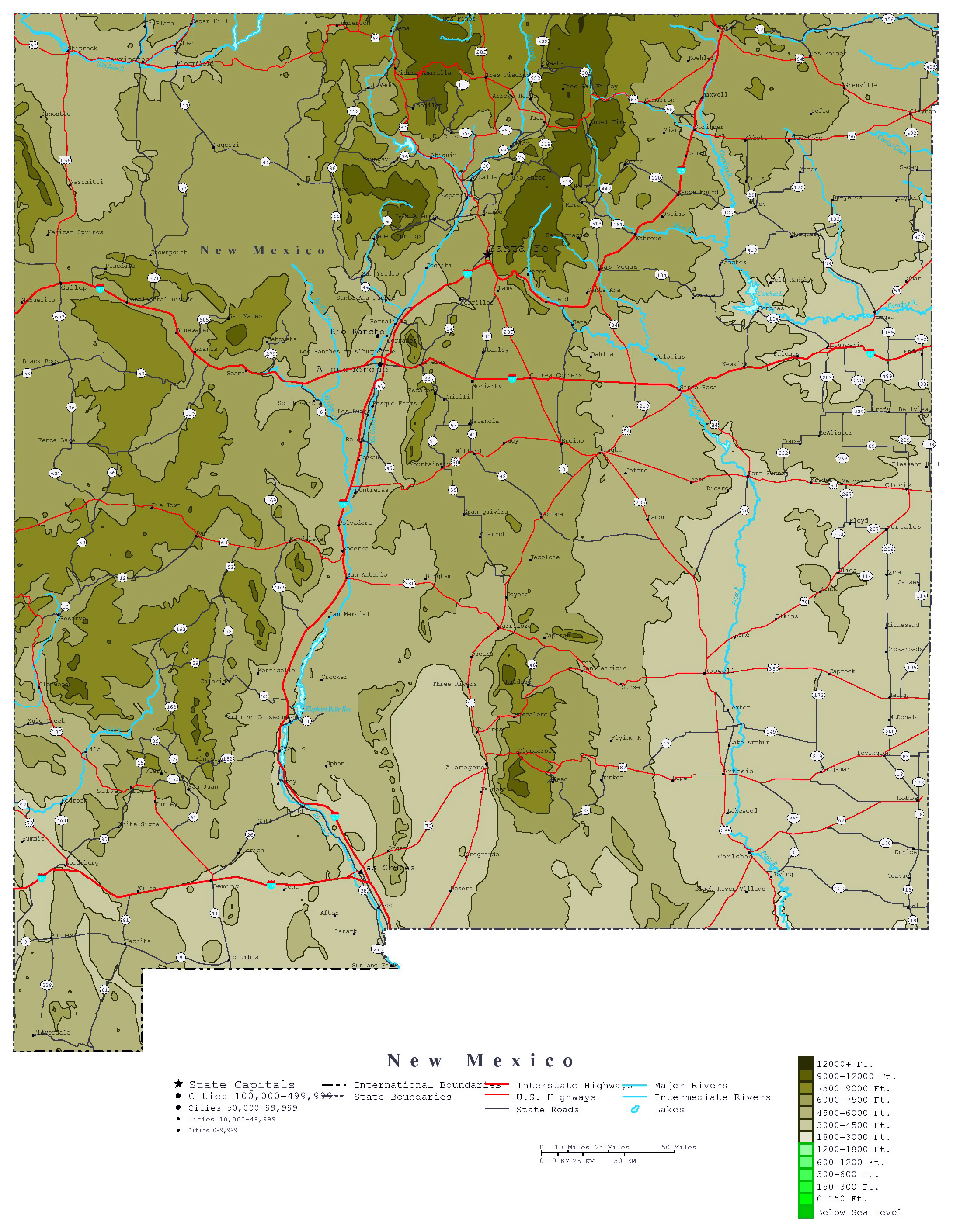 Elevation Map Of New Mexico Large detailed elevation map of New Mexico state with roads 