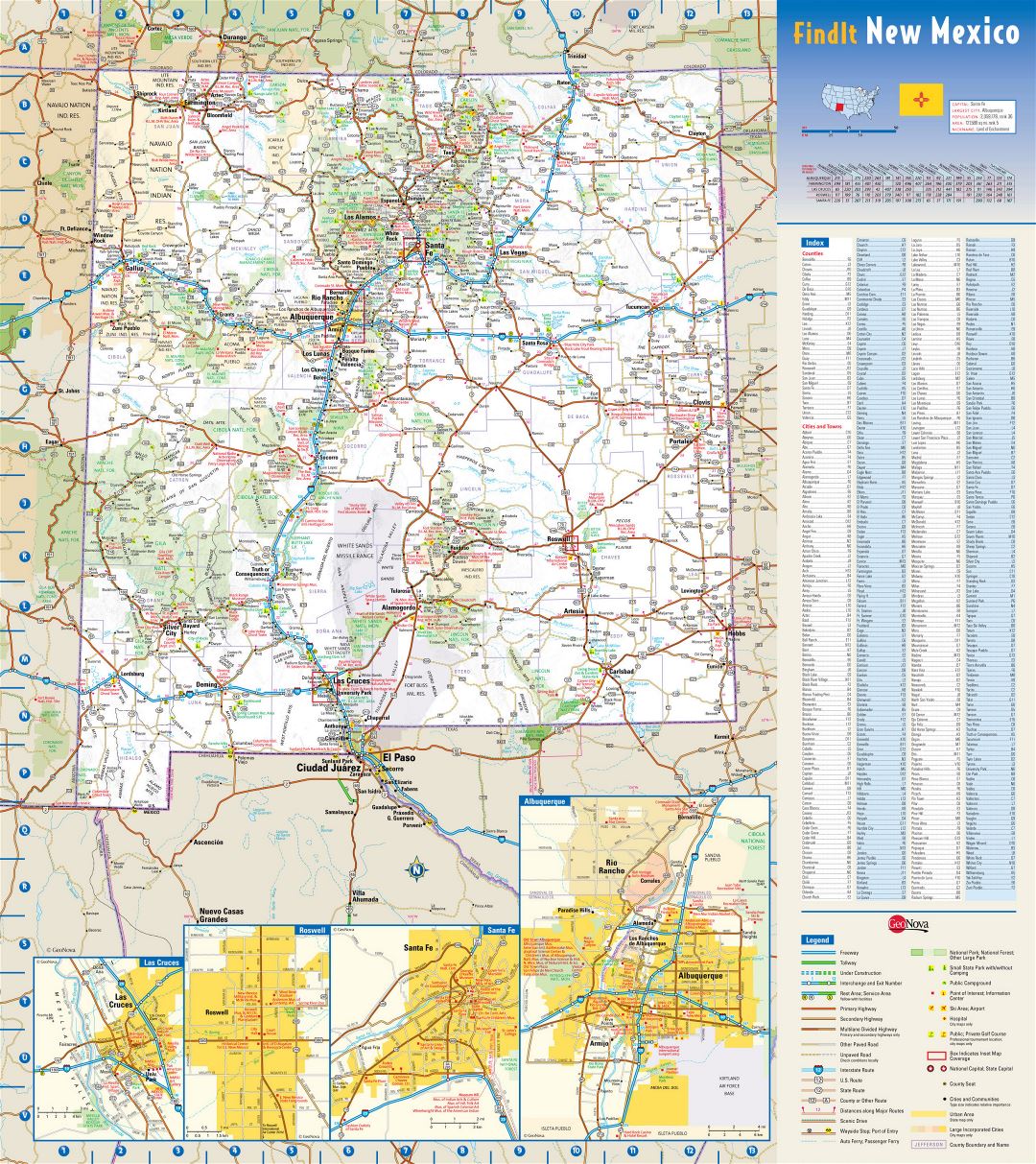 Large detailed roads and highways map of New Mexico state with national parks, all cities, towns and villages