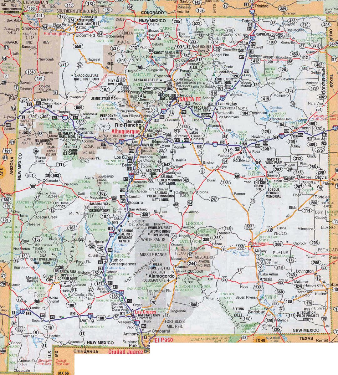 Large detailed roads and highways map of New Mexico state with national parks and cities