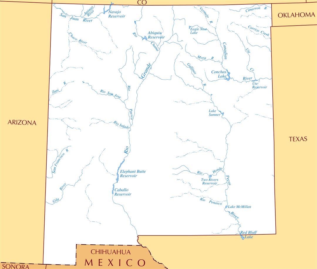 Large rivers and lakes map of New Mexico state