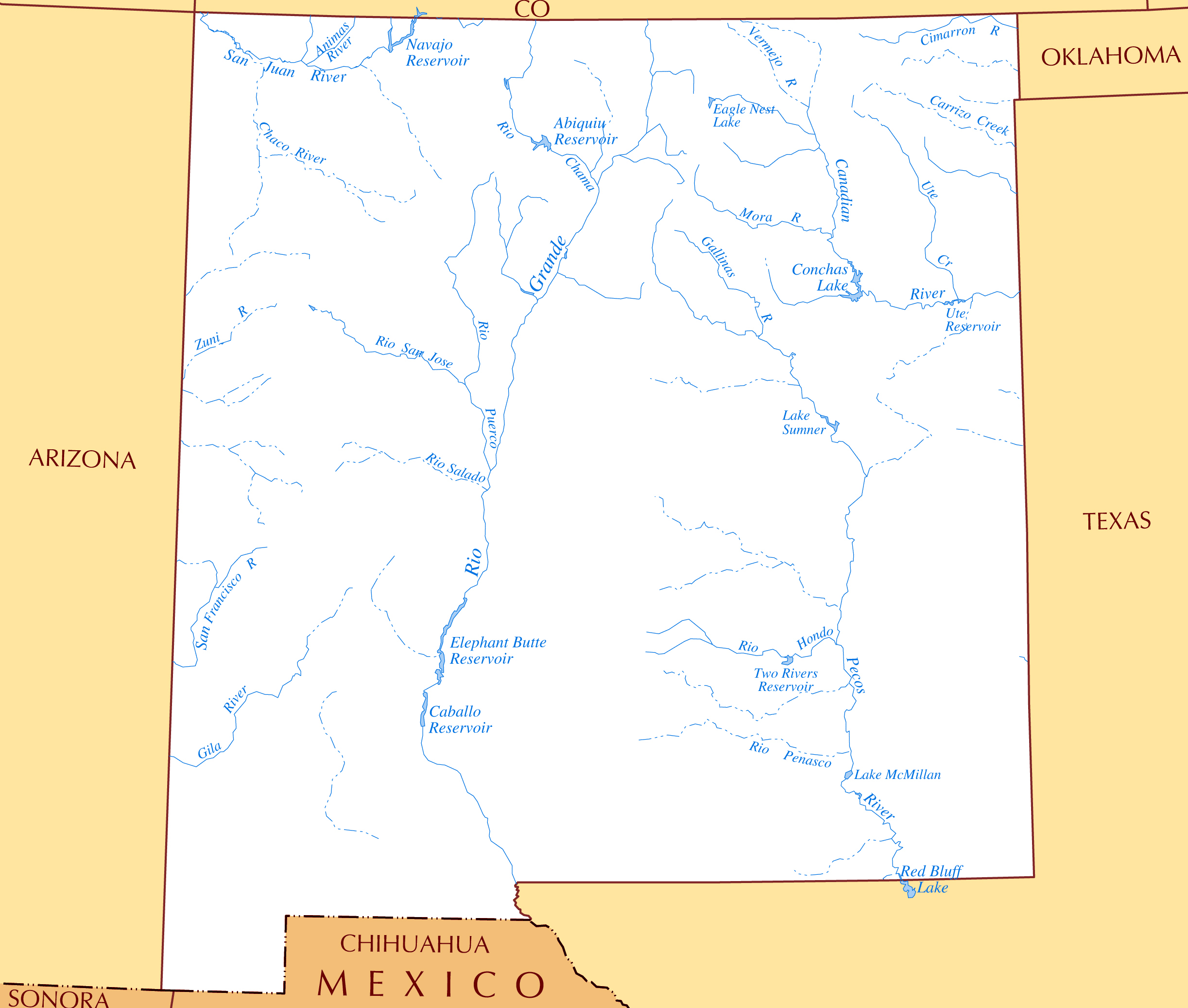 Laminated Map Large Rivers And Lakes Map Of New Mexico State Poster ...