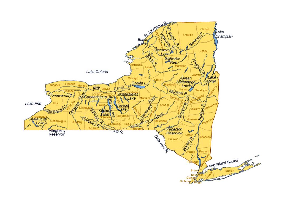 Administrative map of New York state with rivers and lakes