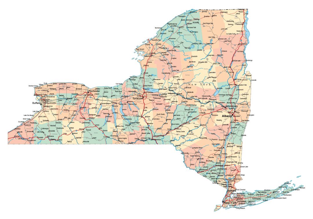 Large administrative map of New York state with roads, highways and cities