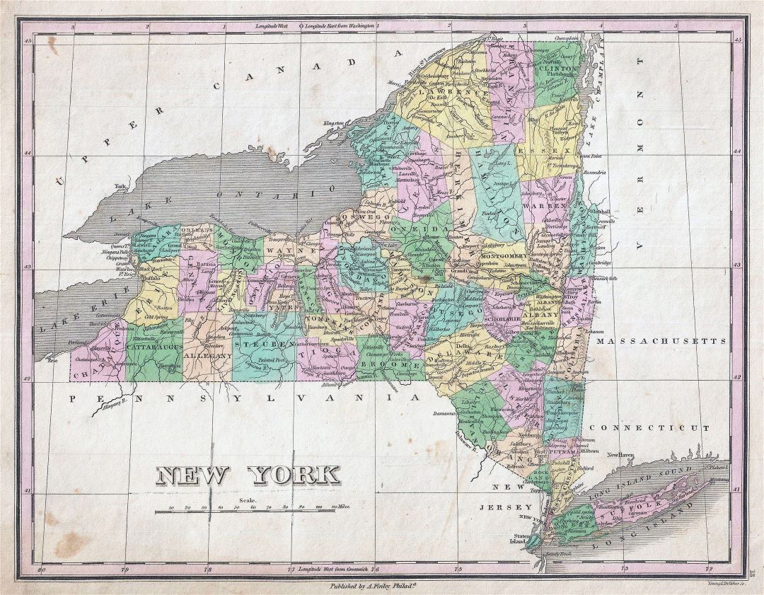 Large detailed old administrative map of New York state - 1827
