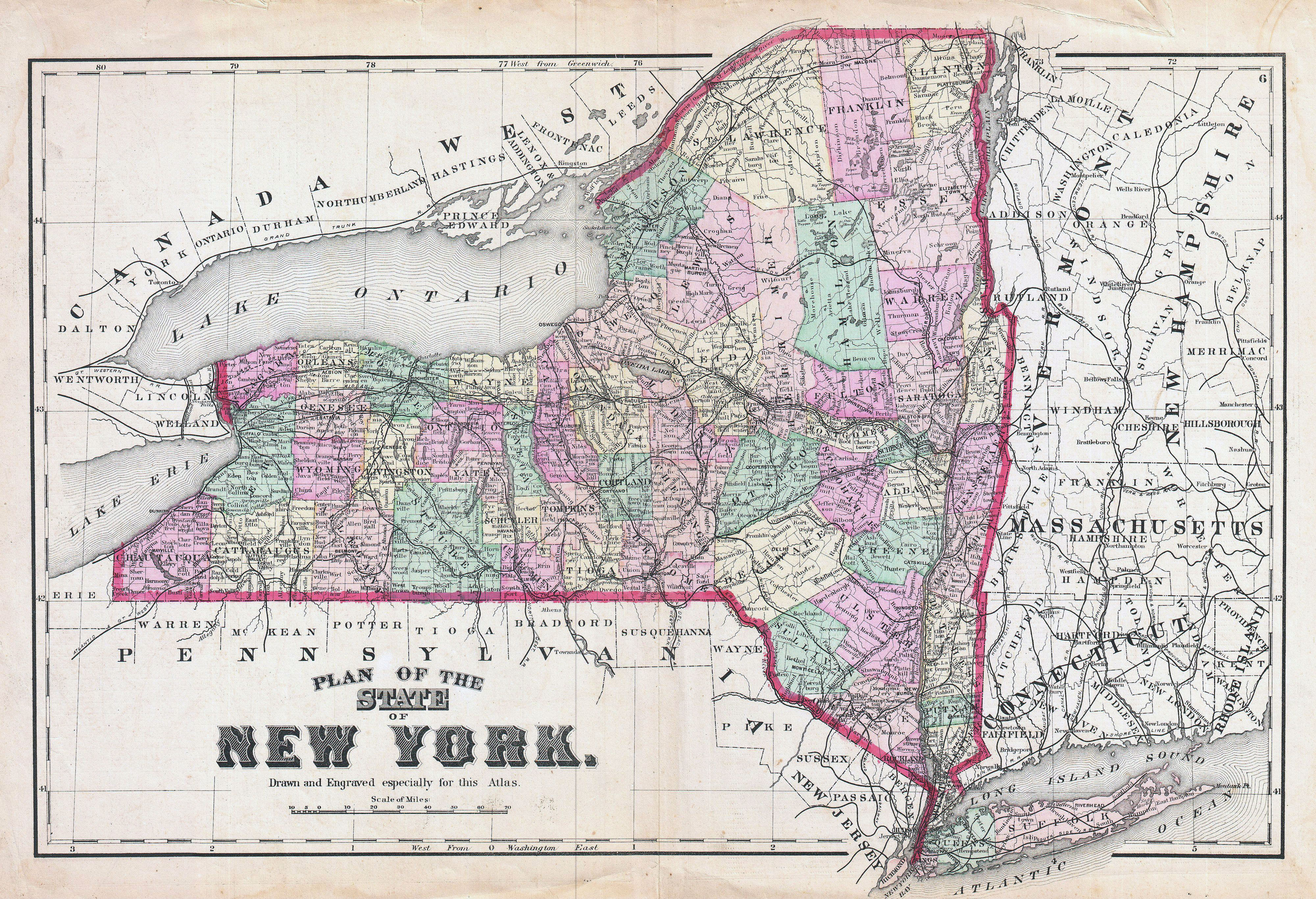 Large Detailed Old Administrative Map Of New York State With Roads