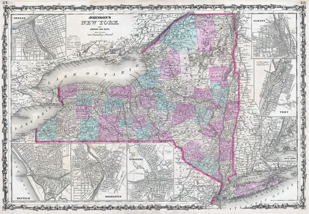 Large detailed old administrative map of New York state with towns, cities, roads and railroads - 1862