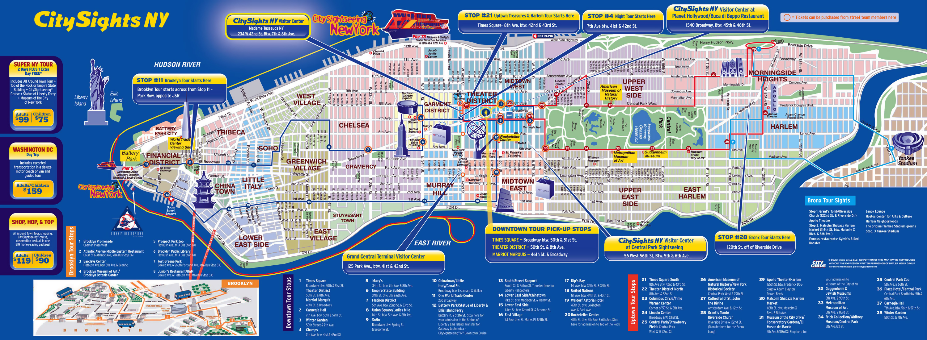 Large detailed city sights map of Manhattan, New York city New York