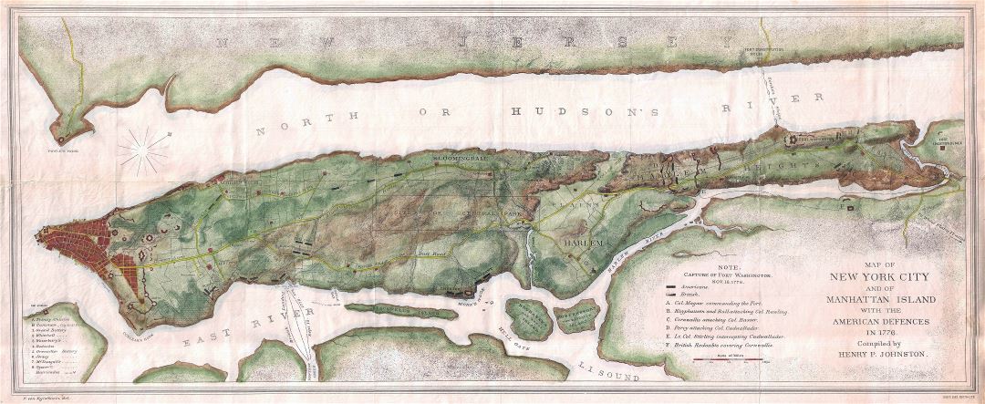 Large detailed old map of New York city and of Manhattan Island with the American Defences in 1776