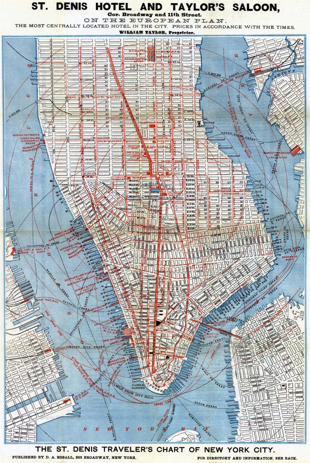 Large detailed St. Denis hotel and Taylor's saloon road map of Lower Manhattan