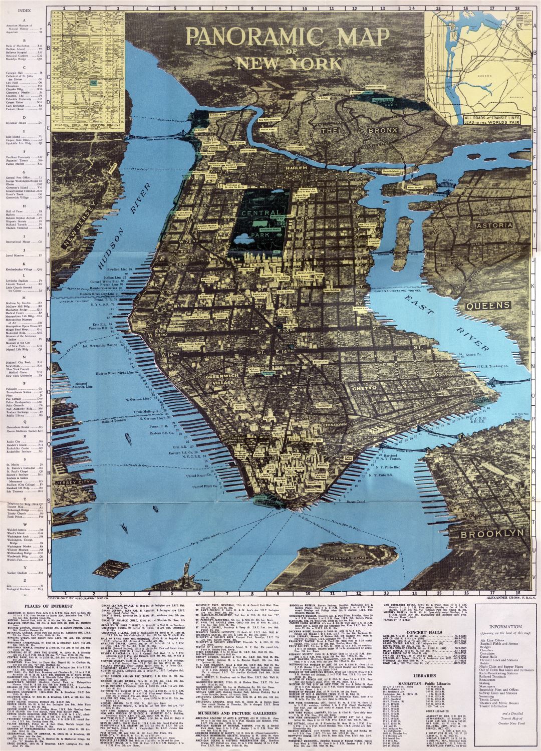 Large scale panoramic map of Manhattam, New York city