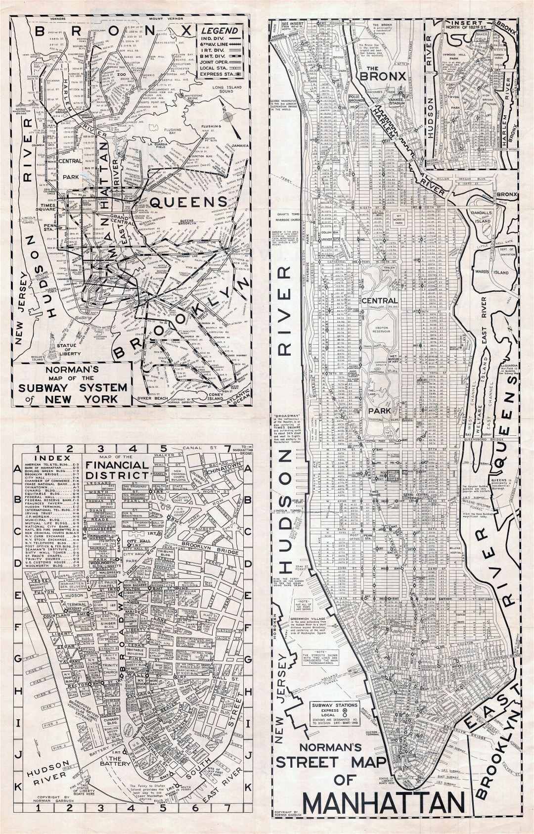 Large scaled printable old street map of Manhattan, New York city - 1945