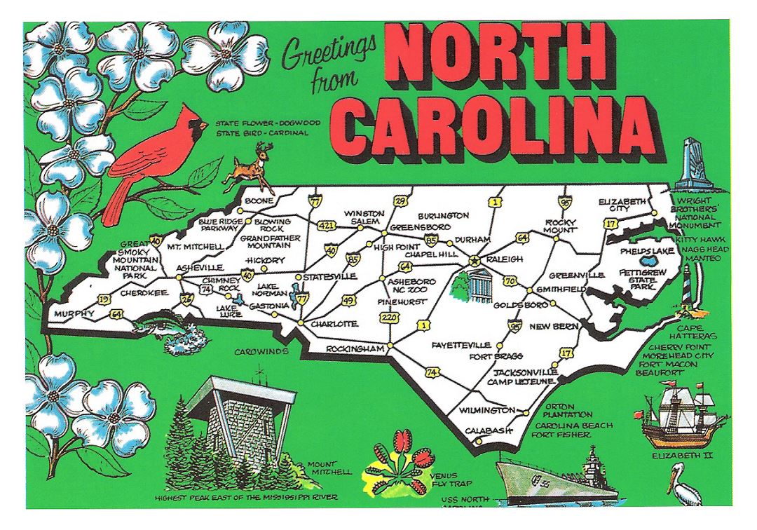 Detailed tourist illustrated map of North Carolina