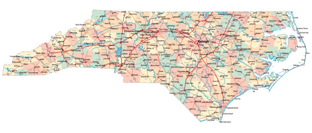 Large administrative map of North Carolina state with roads, highways and cities