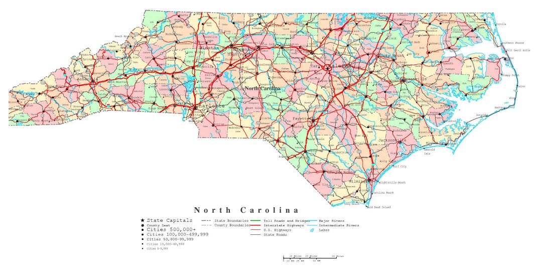 Large detailed administrative map of North Carolina state with roads, highways and cities