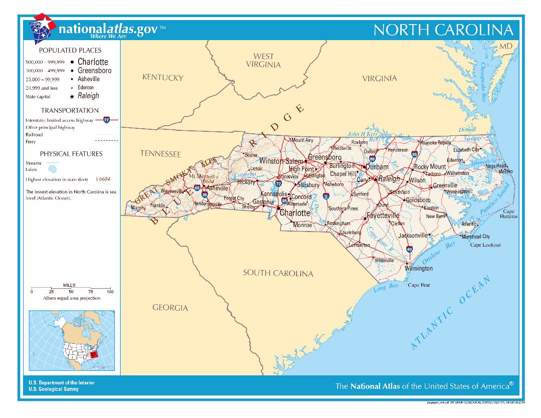 Large detailed map of North Carolina state