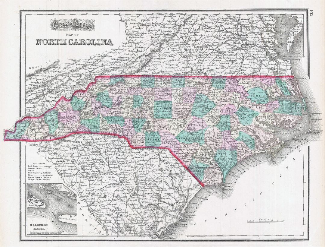 Large detailed old administrative map of North Carolina state with roads, railroads and cities - 1874