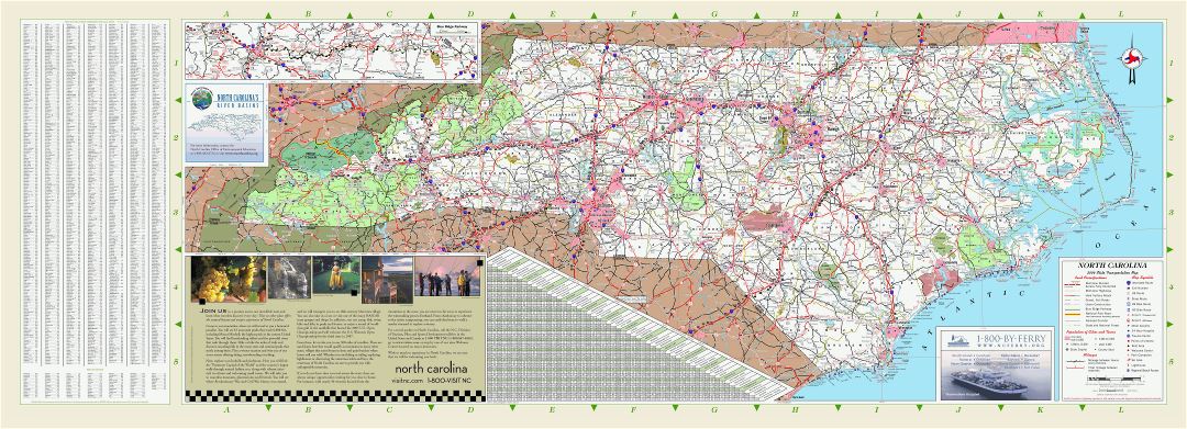 Large detailed transportation map of North Carolina state with all cities and other facilities