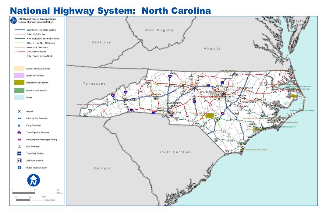 Large highways system map of North Carolina