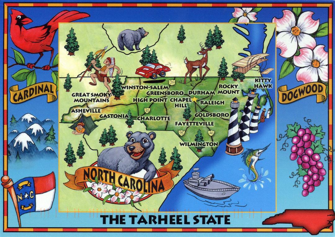 Large tourist illustrated map of North Carolina state