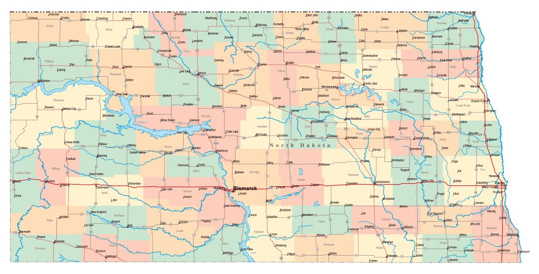 Large administrative map of North Dakota state with roads, highways and cities