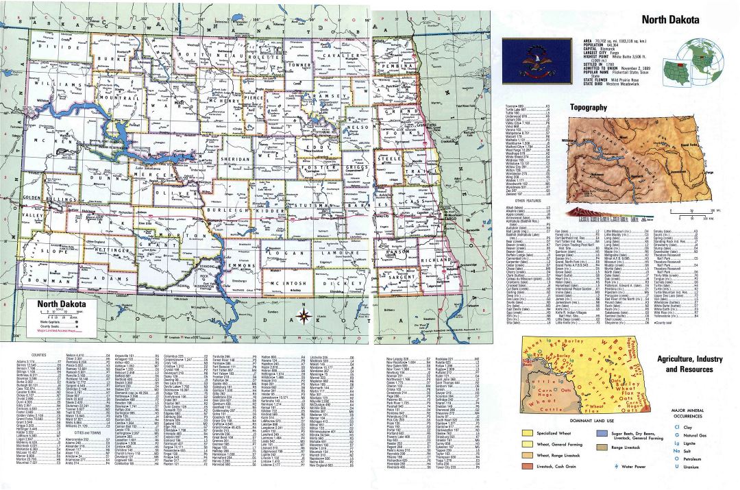 Large detailed administrative map of North Dakota state with cities