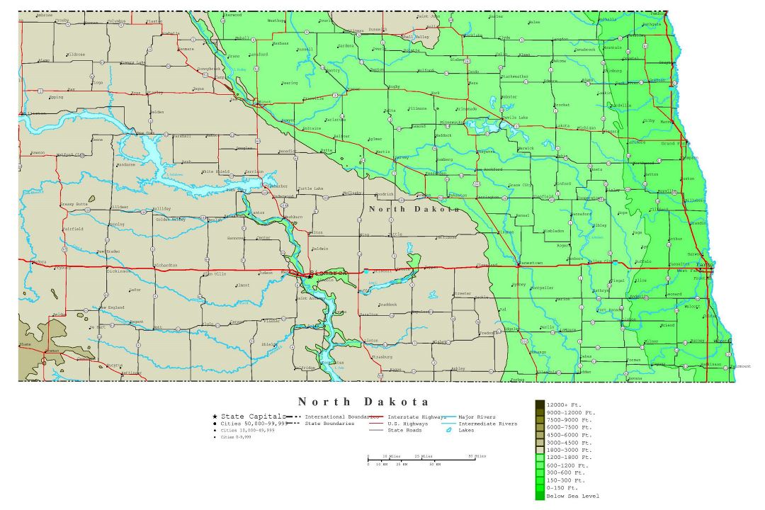 Large detailed elevation map of North Dakota state with roads, highways and cities