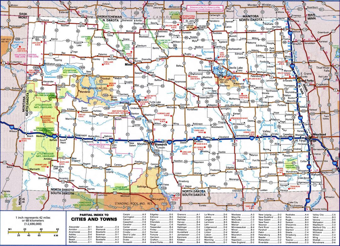 Large detailed roads and highways map of North Dakota state with all cities and national parks
