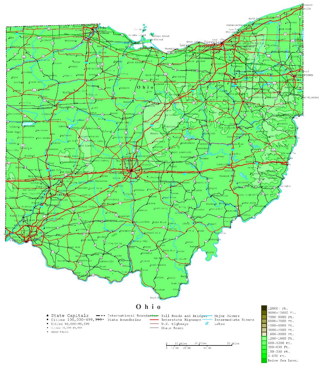 Large detailed elevation map of Ohio state with roads, highways and cities