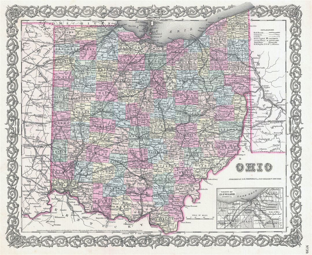 Large detailed old administrative map of Ohio state with other marks - 1855