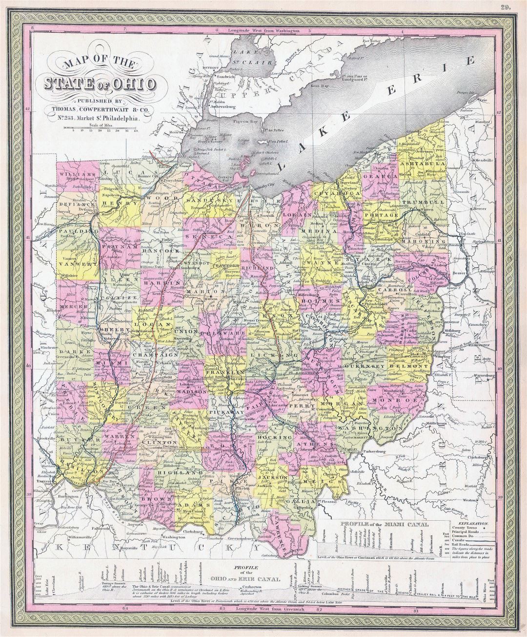 Large detailed old administrative map of Ohio state with roads, railroads, cities and other marks - 1850